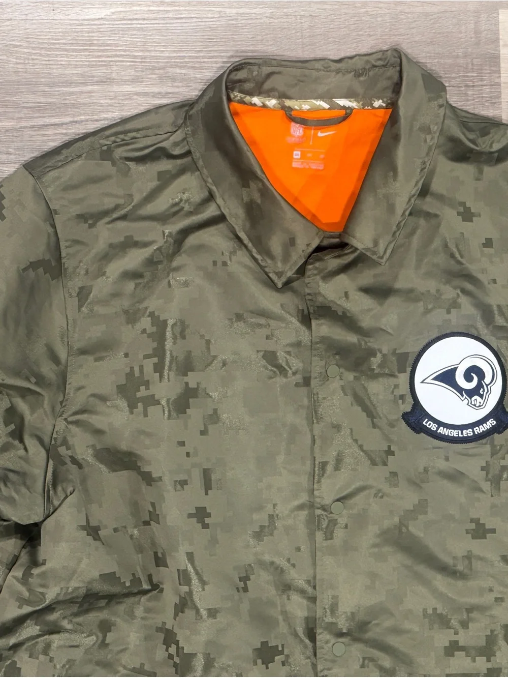 Nike NFL Los Angeles Rams Camo Coach Jacket - Olive Green with Orange Lining